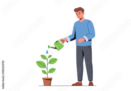Modern illustration of man watering plant, representing personal growth, emotional healing, self-care, and mental health development over time