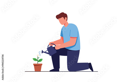 Modern illustration of man watering plant, representing personal growth, emotional healing, self-care, and mental health development over time