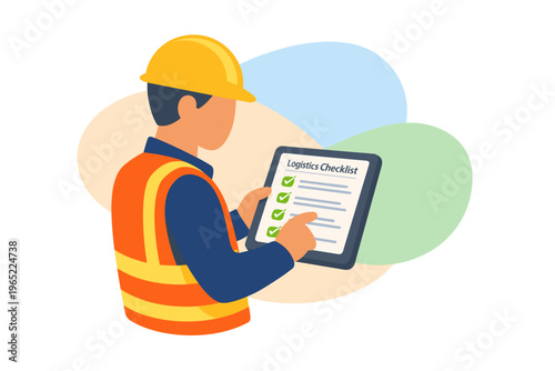 Construction worker in hard hat and vest holding a digital tablet with checklist.