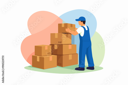 Delivery man stacking cardboard boxes for shipping and logistics.
