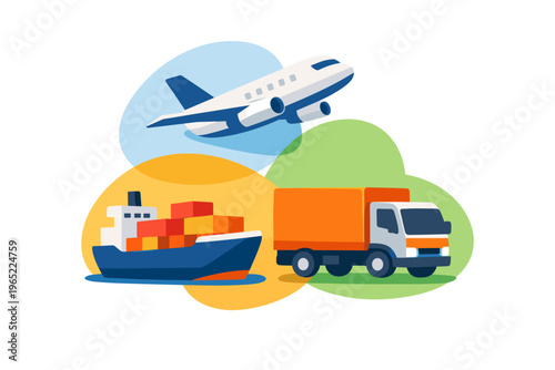 Airplane ship and truck representing global logistics and transportation services.