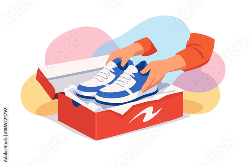 Hands placing new blue and white sneakers into a red shoebox.