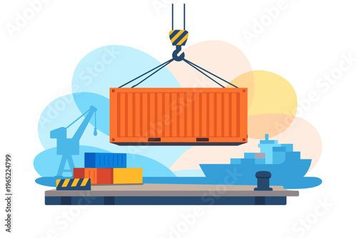 Orange shipping container being lifted by crane at port.