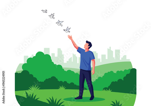 Modern illustration of man releasing paper birds into sky, symbolizing freedom, letting go of negativity, emotional healing, and mental health recovery