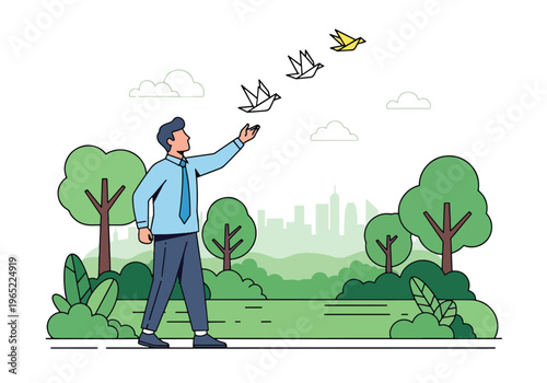 Modern illustration of man releasing paper birds into sky, symbolizing freedom, letting go of negativity, emotional healing, and mental health recovery
