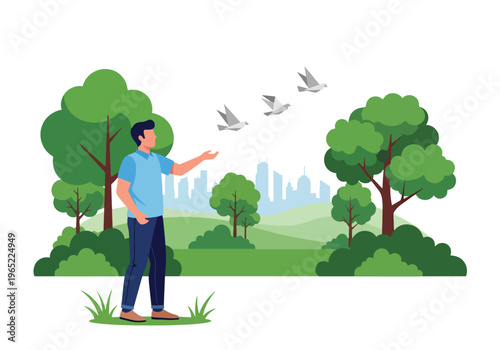 Modern illustration of man releasing paper birds into sky, symbolizing freedom, letting go of negativity, emotional healing, and mental health recovery