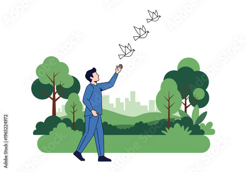 Modern illustration of man releasing paper birds into sky, symbolizing freedom, letting go of negativity, emotional healing, and mental health recovery