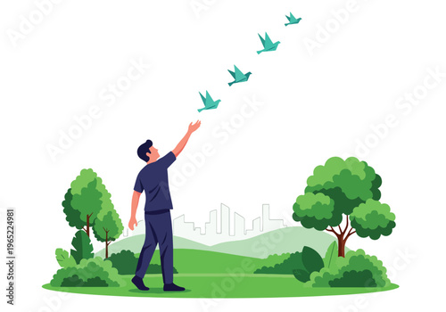 Modern illustration of man releasing paper birds into sky, symbolizing freedom, letting go of negativity, emotional healing, and mental health recovery