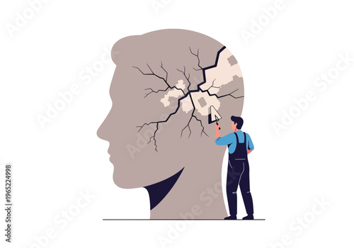 Modern illustration of man repairing cracks in head silhouette, symbolizing mental healing, recovery, therapy, and emotional rebuilding process