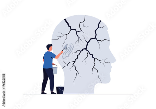 Modern illustration of man repairing cracks in head silhouette, symbolizing mental healing, recovery, therapy, and emotional rebuilding process