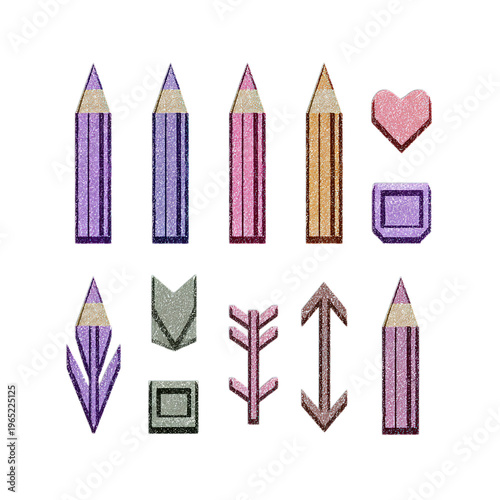 A colorful illustration of pencils and shapes on a black background