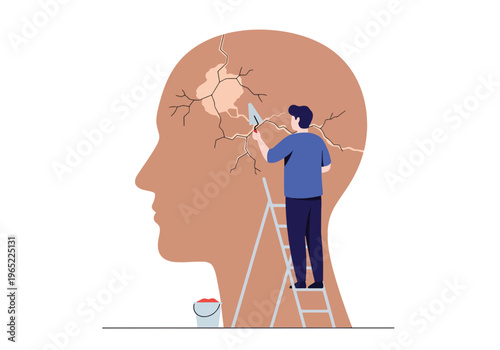 Modern illustration of man repairing cracks in head silhouette, symbolizing mental healing, recovery, therapy, and emotional rebuilding process