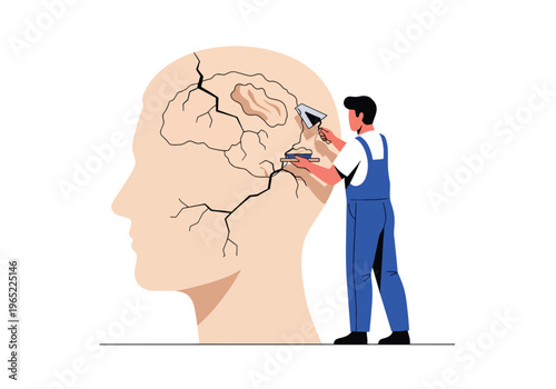 Modern illustration of man repairing cracks in head silhouette, symbolizing mental healing, recovery, therapy, and emotional rebuilding process