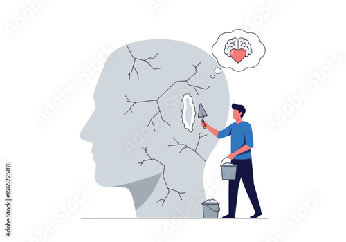 Modern illustration of man repairing cracks in head silhouette, symbolizing mental healing, recovery, therapy, and emotional rebuilding process