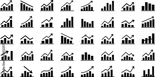 Collection of various black and white bar graph icons with arrows