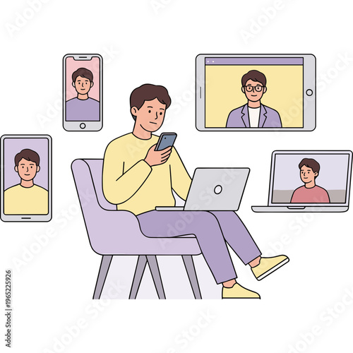 Man sitting on chair uses smartphone with laptop and video calls on devices around