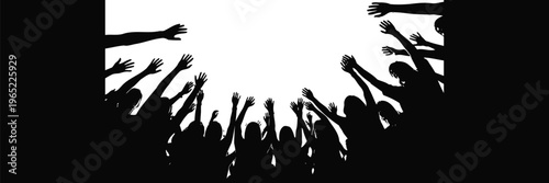 Silhouette of a concert crowd with raised hands