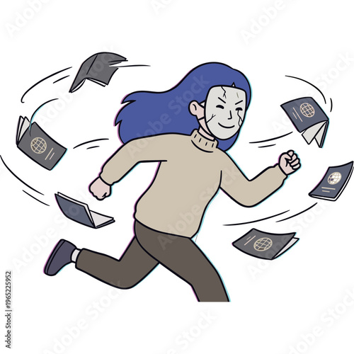 A woman runs with a joyful expression surrounded by flying money.