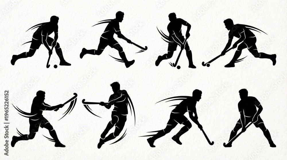 Fototapeta premium Seven black silhouettes of athletes playing field hockey in dynamic poses—running, dribbling, striking, and diving—emphasizing energy, movement, and intensity on a white background.