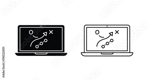 Business strategy laptop icon set - Minimalist, flat icon, outline, glyph, linear, clipart, sticker - icon set