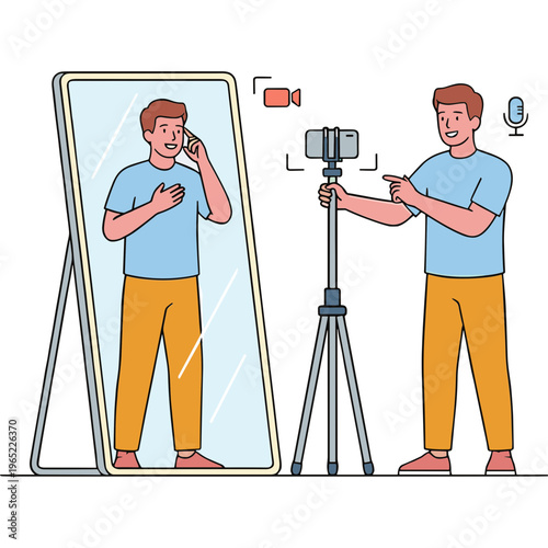 Man records himself talking on phone in front of mirror with tripod