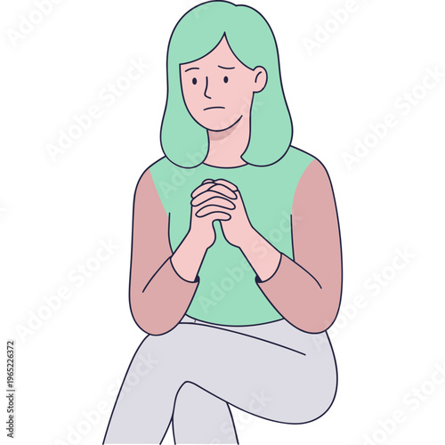 Illustration of a woman with green hair and green shirt looking anxious while kneeling