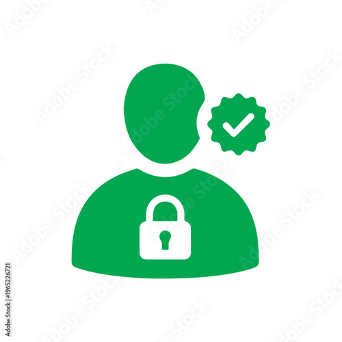 Green representation of a verified user profile icon featuring a checkmark emblem and a central security lock symbol.
