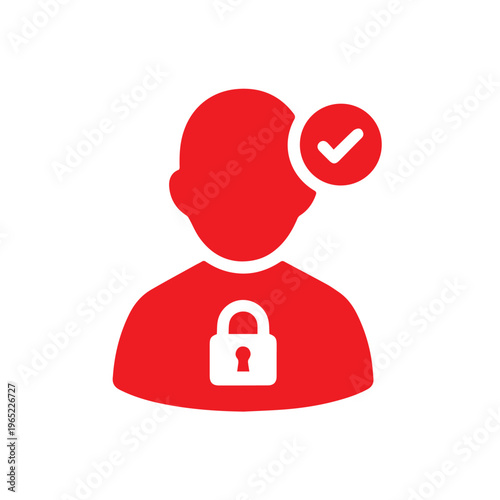 Red stylized graphic displays a user avatar symbol that indicates successful account verification alongside a secured locking.