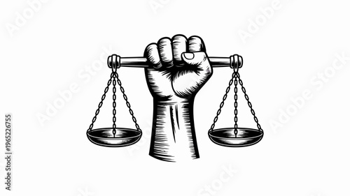 Strength of Justice: A monochrome image depicting a powerful fist holding the scales of justice, symbolizing the strength and balance required for fairness. 