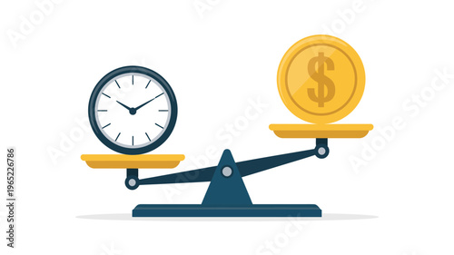 Balancing Time and Money: An illustration of a classic balance scale, with a clock and a gold coin, showing the relative value of time versus financial wealth.