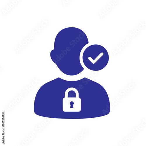 Blue silhouette icon represents a verified user account security status with a prominent padlock graphic.