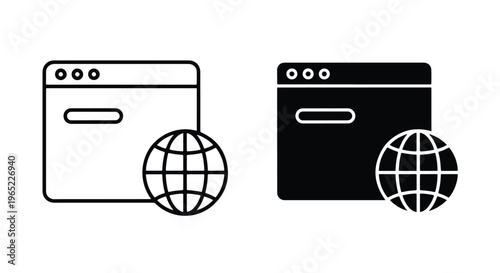 Web browser window with globe icon set - Solid vector icons - Clipart, sticker - icon set