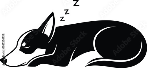 Sleeping dog silhouette with snoring zzz symbols isolated on white background for pet animal vector illustration stock design minimalist element.