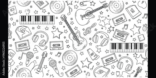 A black and white illustration of various musical notes and instruments on a white background