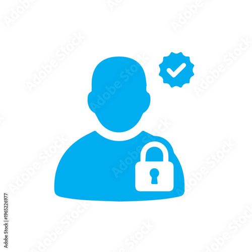 Blue user symbol featuring a lock on the chest and a verified checkmark seal represents secure personal data and user.