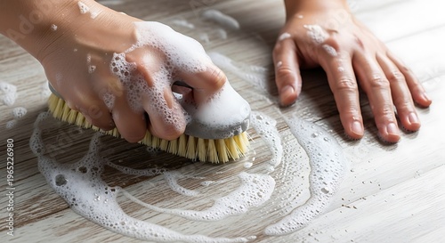 Person scrubbing wooden floor with soapy brush