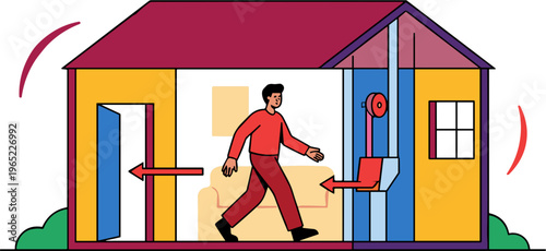 A man walks through a house with arrows indicating air flow from door to fan