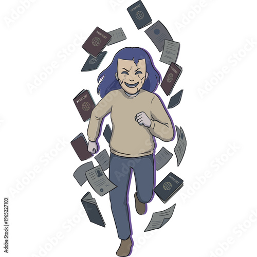 Man runs with money bills and wallets floating around him in air