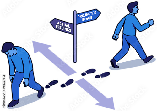 A man walks down a path with two signs showing actual feelings and projected image.