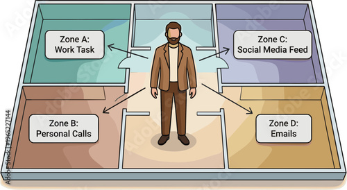 Man standing on divided floor sections for tasks and communications zones