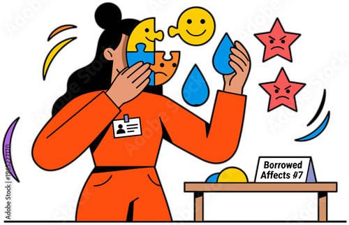 Woman in orange jumpsuit solving puzzle pieces with emotions floating above.