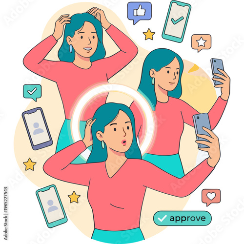 A young woman takes selfies and reacts to social media feedback.