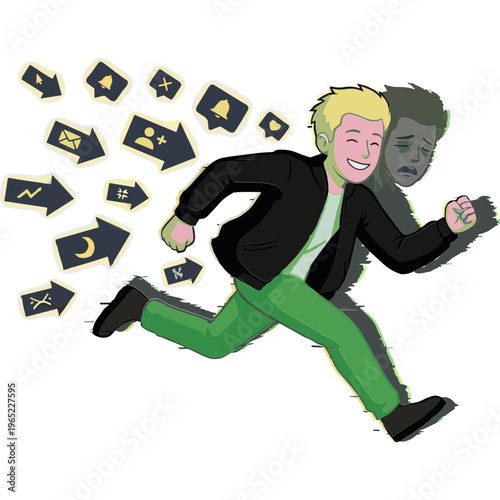 Man running from symbols with another face