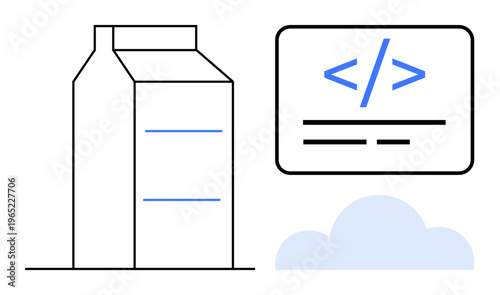 Cloud technology, coding interfaces, data storage, software development, programming education, digital infrastructure. Server symbol, coding snippet and a cloud. Cloud technology and coding