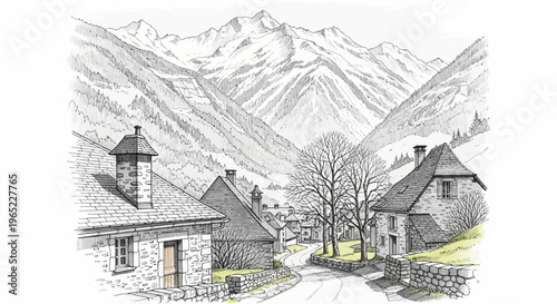 Hand-drawn illustration of a charming village nestled in the mountains.