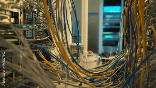 Closely viewing tangled network cables connecting server racks in a data center, highlighting the complex infrastructure supporting global digital communication and technology
