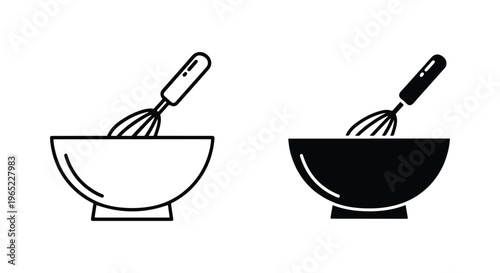 Kitchen whisk in mixing bowl vector set - Editable line icons. Vector illustration - Glyph and solid icon set - Icon vector