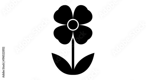 Vector illustration of simple black flower icon with four petals and two leaves on a transparent background