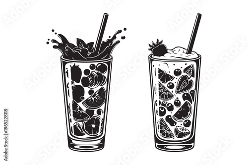 Fruity summer drinks with straws and splash vector with fruit drink