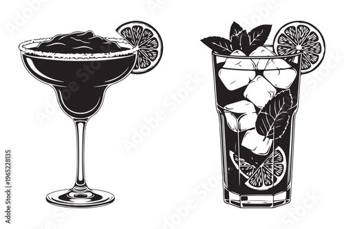 Margarita and tall iced cocktail with lime and mint